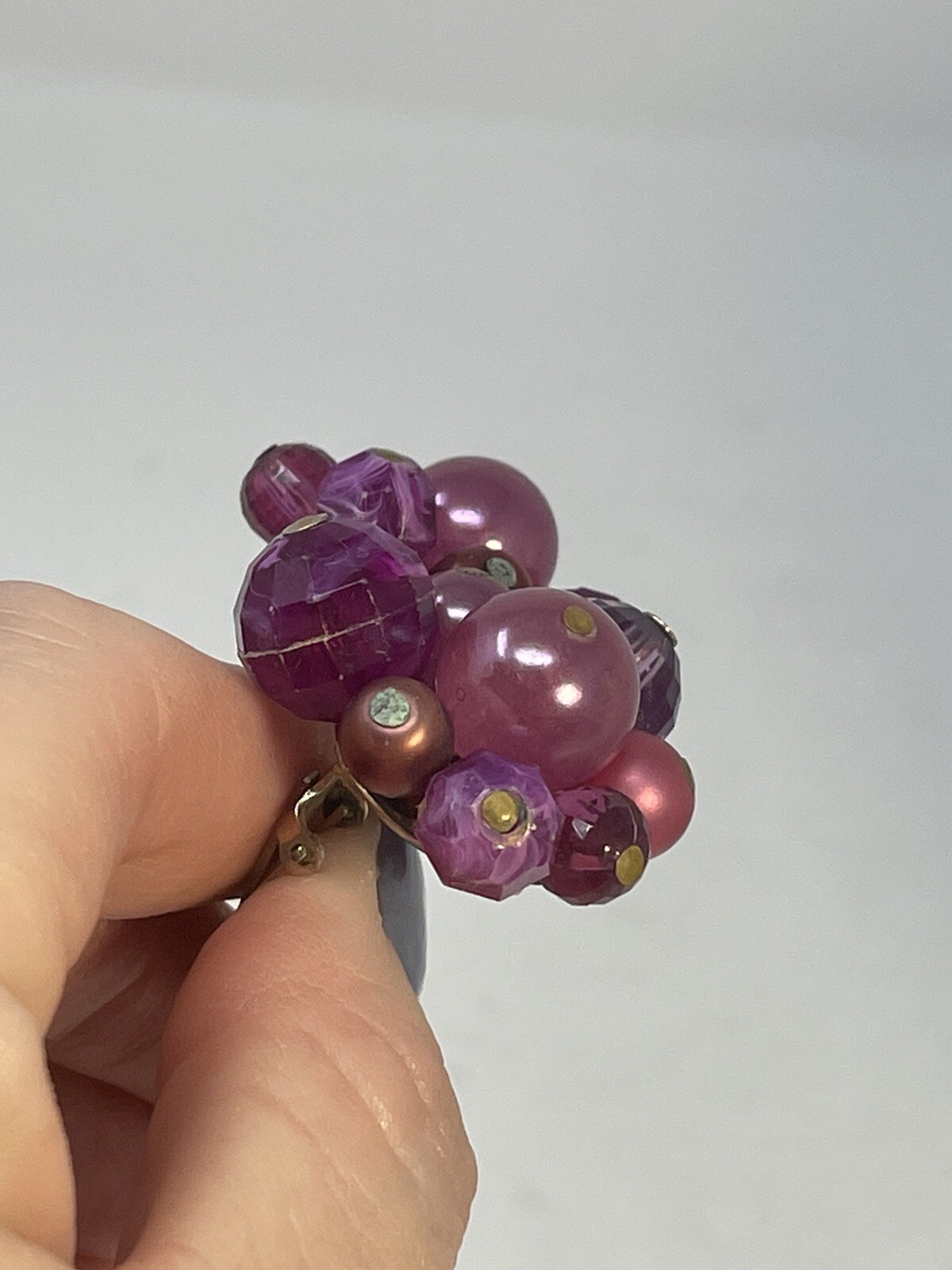 Vintage Zentall Purple Bead Cluster Clip On Earrings Faceted Crystal Faux Pearl