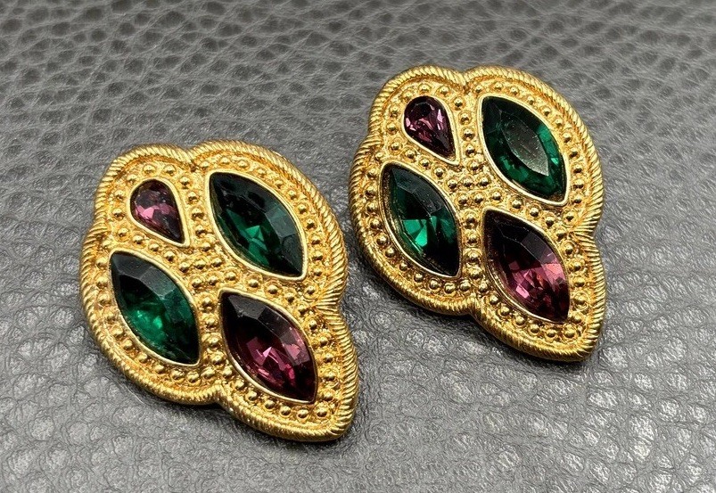 VTG 80s Napier Byzantium Swarovski Crystal Pierced Earrings Bold Runway