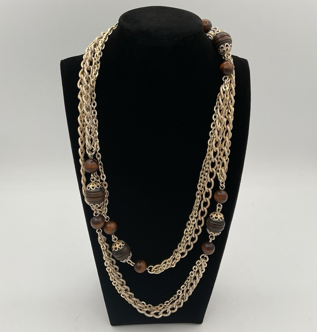 Emmons Goldtone Aluminum Chain Wood Bead Necklace 48″ NICE Fast Free Shipping!