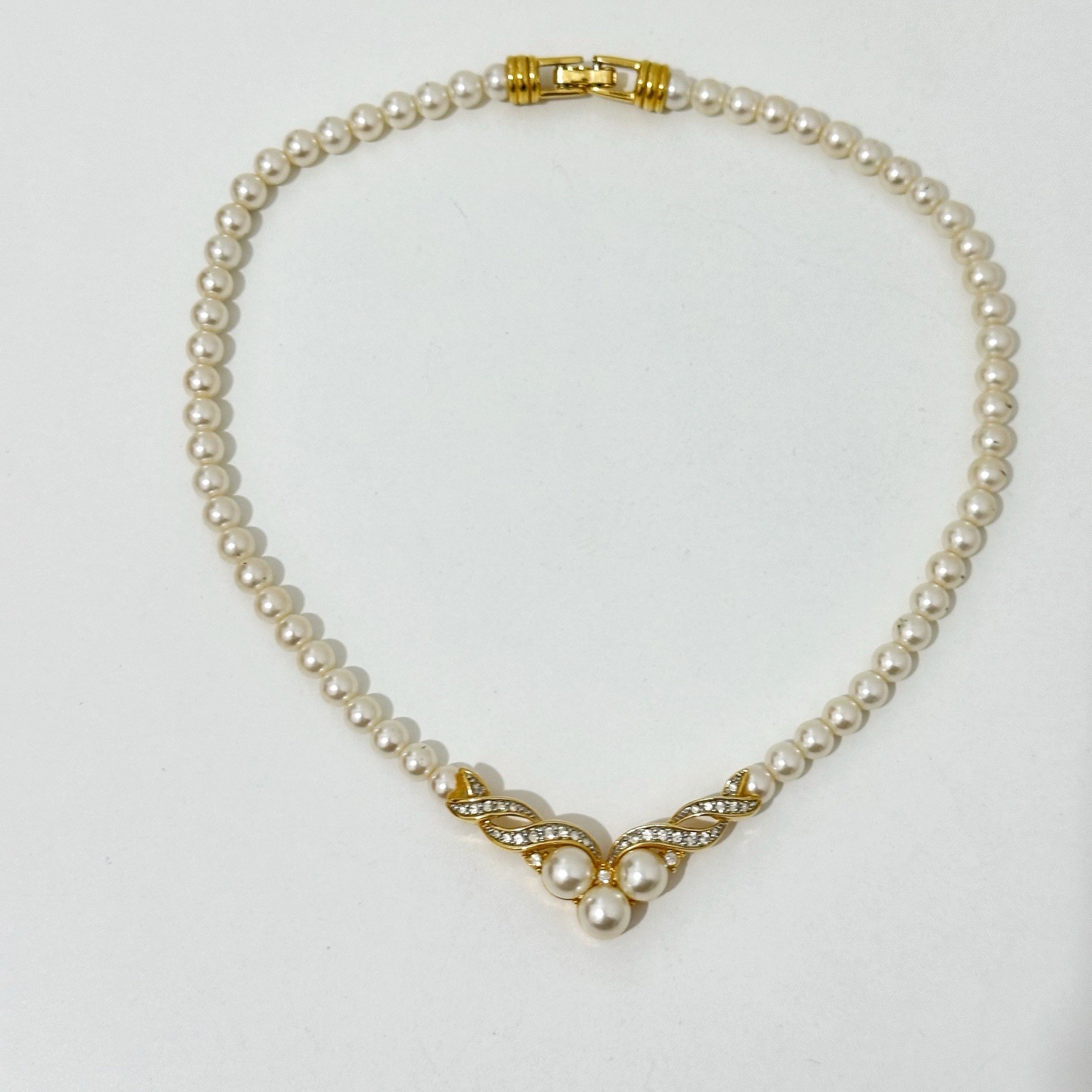 Vintage Faux Pearl Rhinestone Necklace Gold Tone Formal Bridal Wedding 45cm