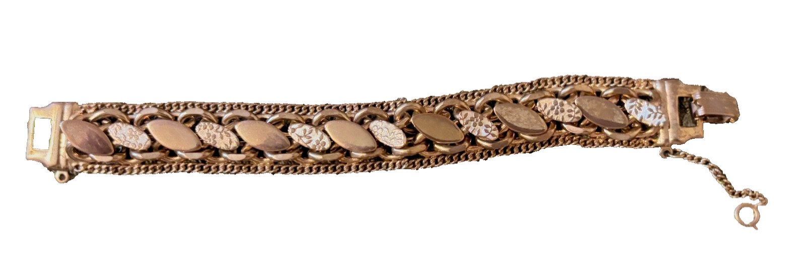 1960’s Vintage Heavy Link Textured Polished Gold Tone Floral Design,Safety Clasp