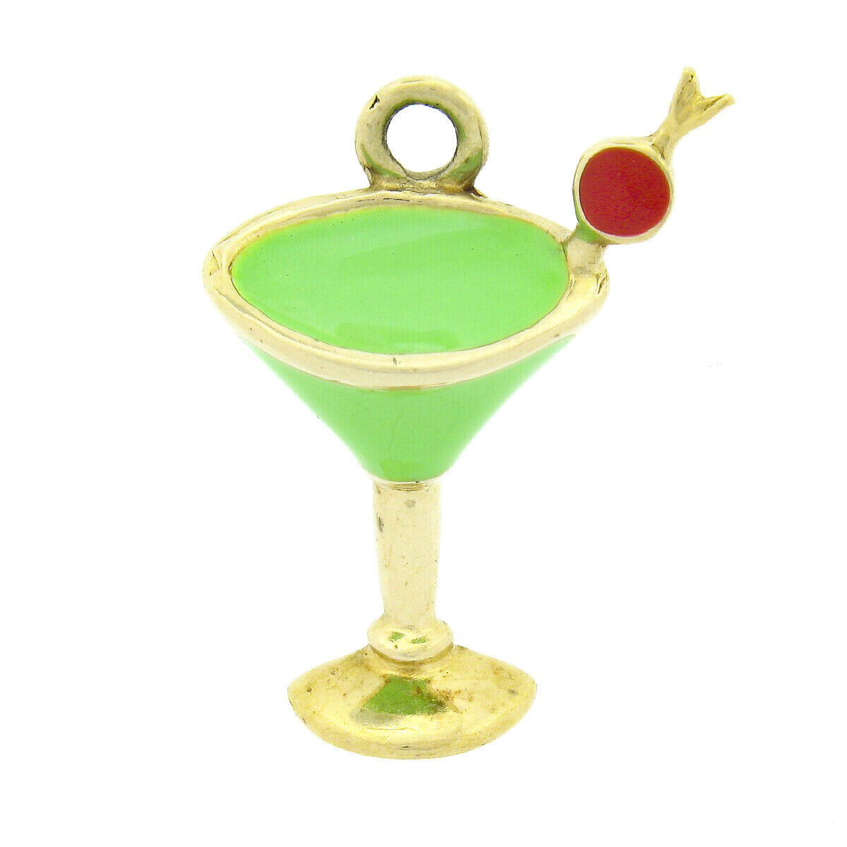 Vintage 14K Yellow Gold Green & Red Enamel Petite Martini Glass Charm Pendant