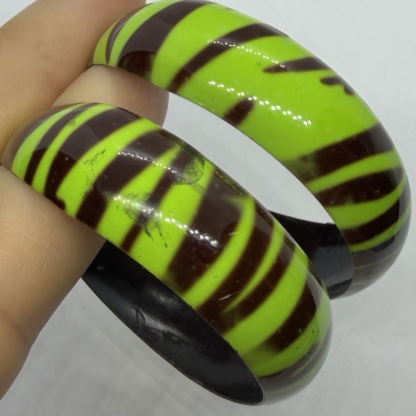 Vtg Big 80s Lime Green Earrings Black Enamel Stripe Hoop Statement Drop Post
