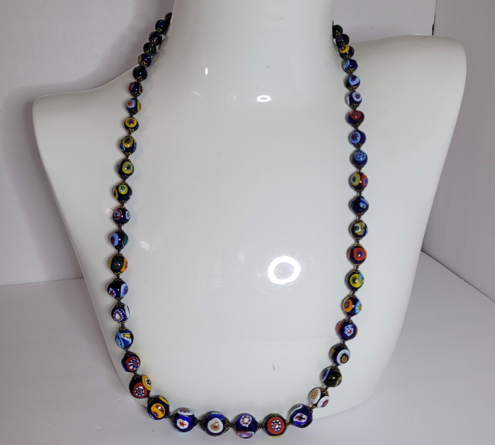 Ventian Murano Millefiori Glass Beads Necklace Italy graduated 29 1/2 inch lot C