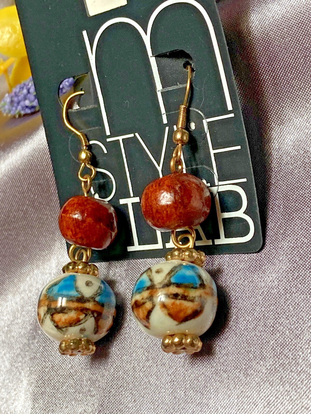 M Style Lab Vintage Fashion Hand Painted Ceramic & Wood Bead Dangle Earrings