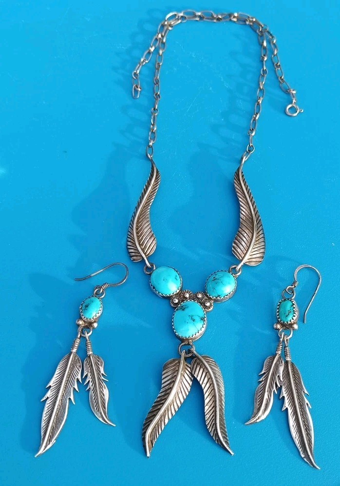 VINTAGE NAVAJO TURQUOISE STERLING SILVER FEATHER NECKLACE & EARRINGS 23.5 Gram