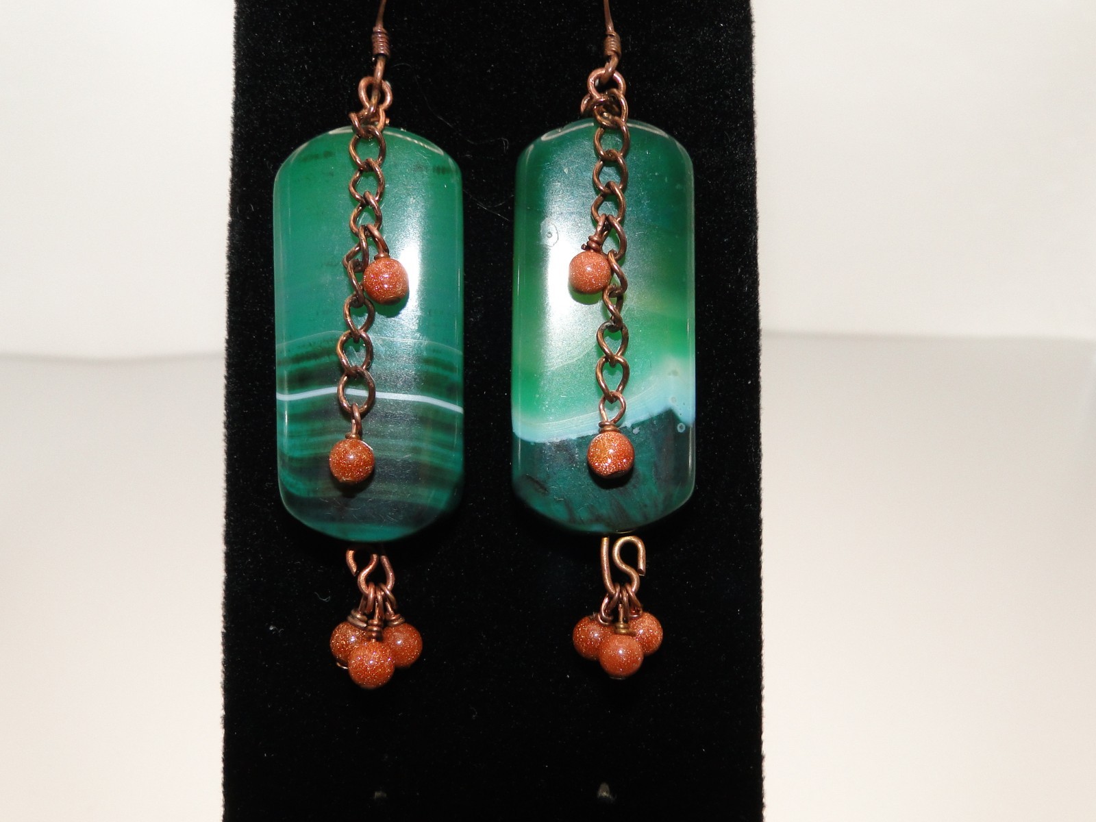 Handmade Copper Wire, Green Moss Agate with Goldstone Accent Beads Hook Earrings