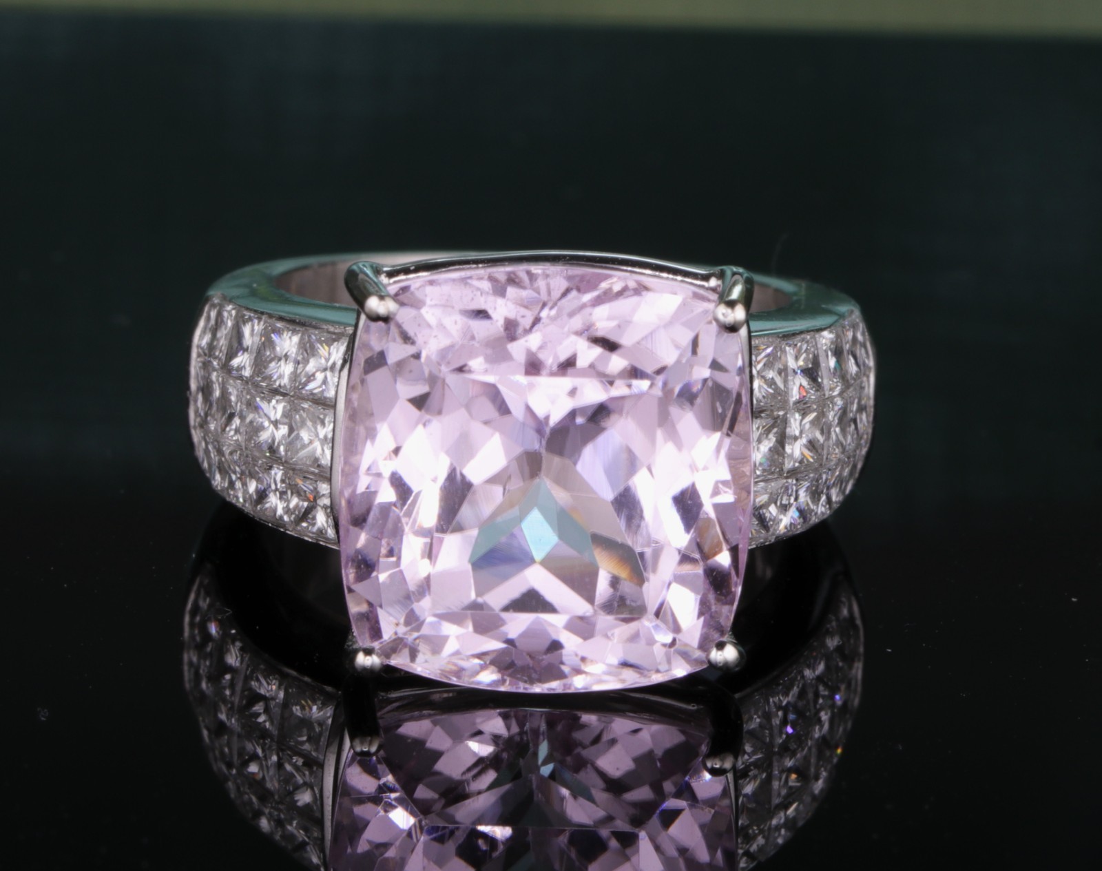 Fabulous Platinum and 16 Carat Natural Kunzite and Diamond Right Hand Ring