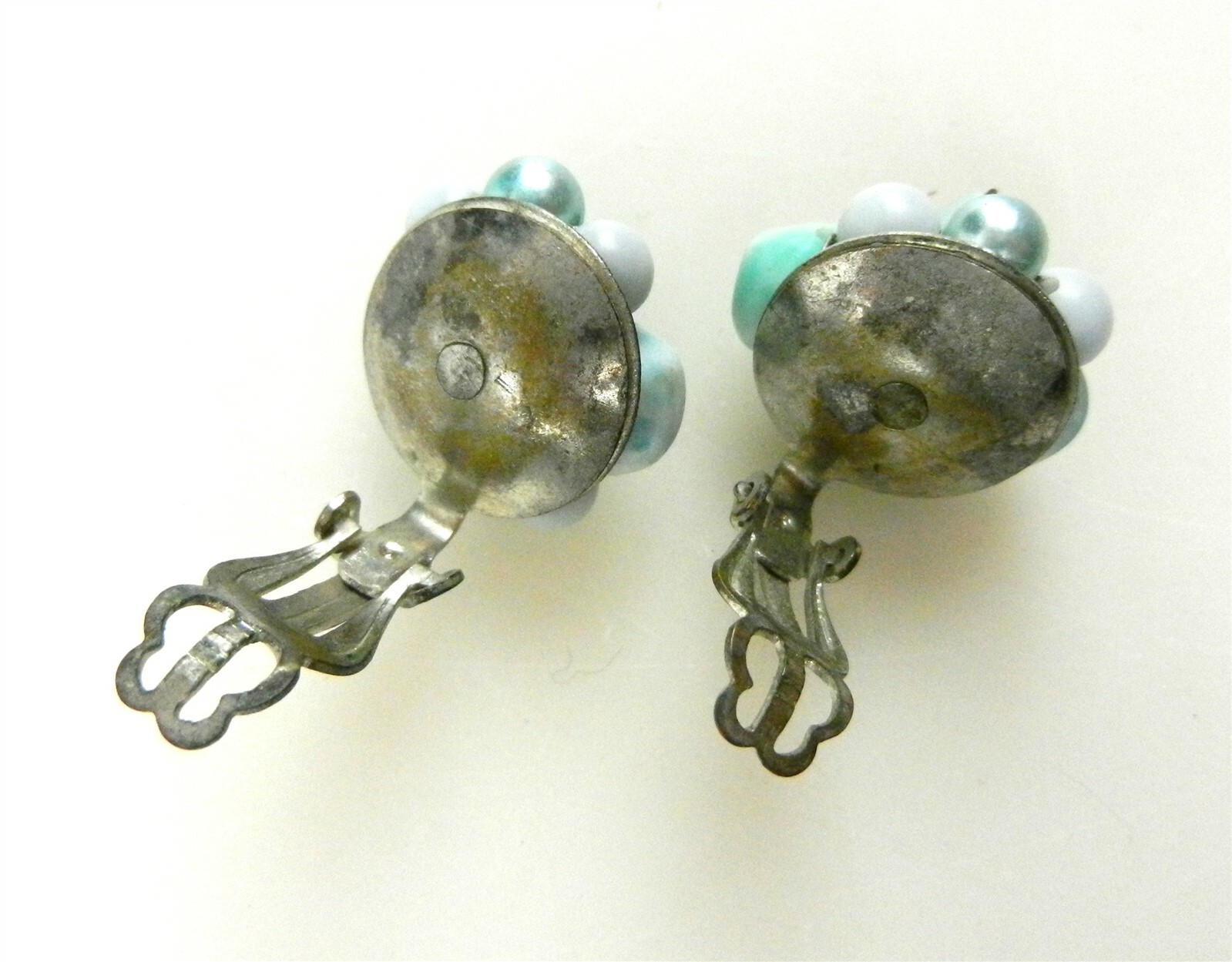 Vtg 4 Strand Necklace w/Earrings Teal Glass Beads Japan 1960’s Clip-on S04B