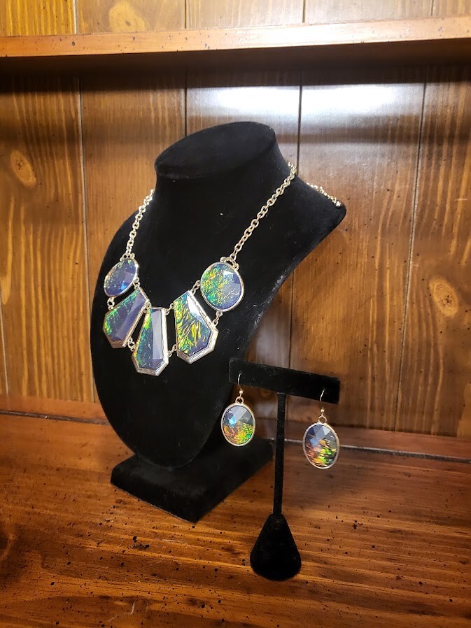 Green Tone Iridescent Enamel Necklace & Earrings Set-Preowned
