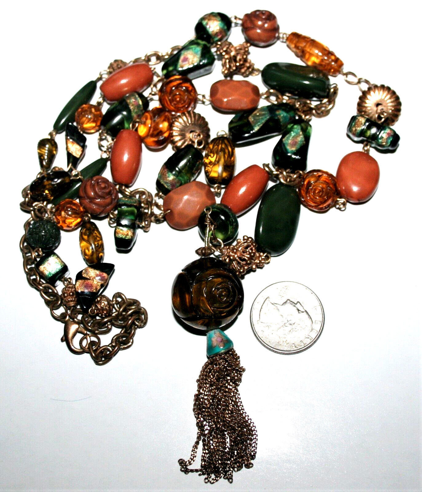 Vintage Molded Plastic Beads Fringe Pendant Chunky Layered 24″ Necklace