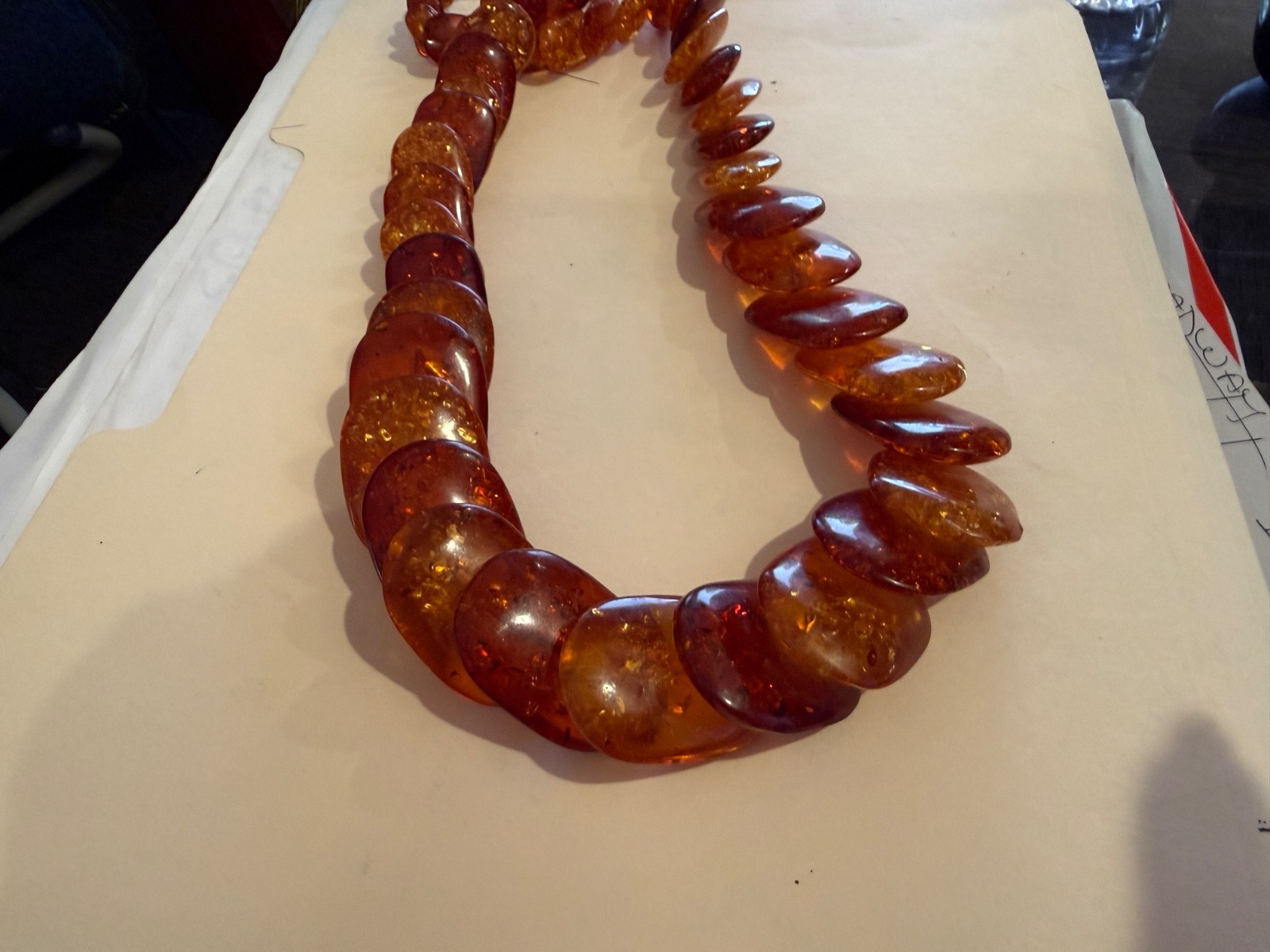 27 Inch Graduating Honey Golden Amber Oval Disk Shaped Bead Necklace Vintage