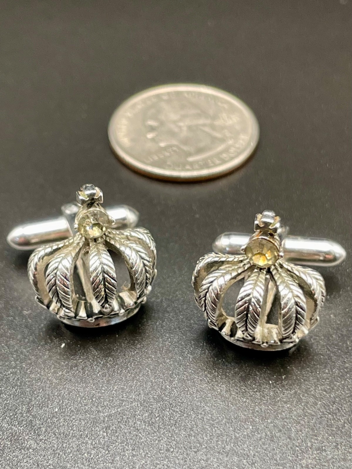 Vintage Royal Crown Figural Silver Tone Rhinestone King Swank Cufflinks