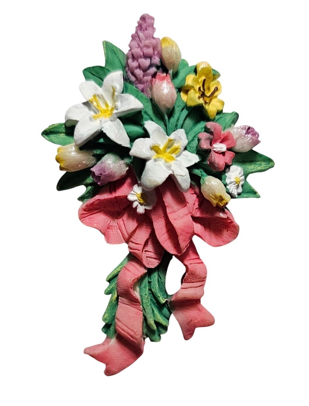 Hand-Painted Floral Bouquet Brooch Pin Multi-Color W/ Pink Ribbon Design