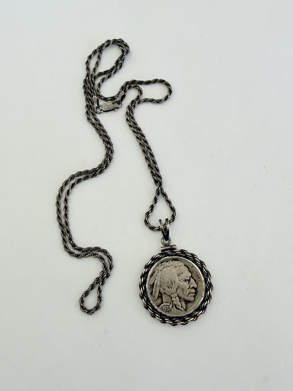 Vintage 1937 Buffalo Nickel Coin Pendant 925 Sterling Silver Chain 15-grams