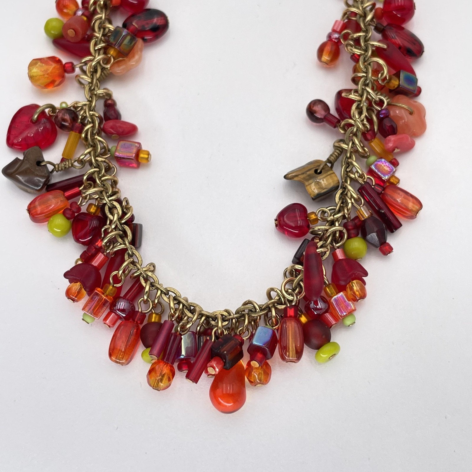 Red Multicolor Beaded Statement Bib Necklace Brass Chain Boho Jewelry