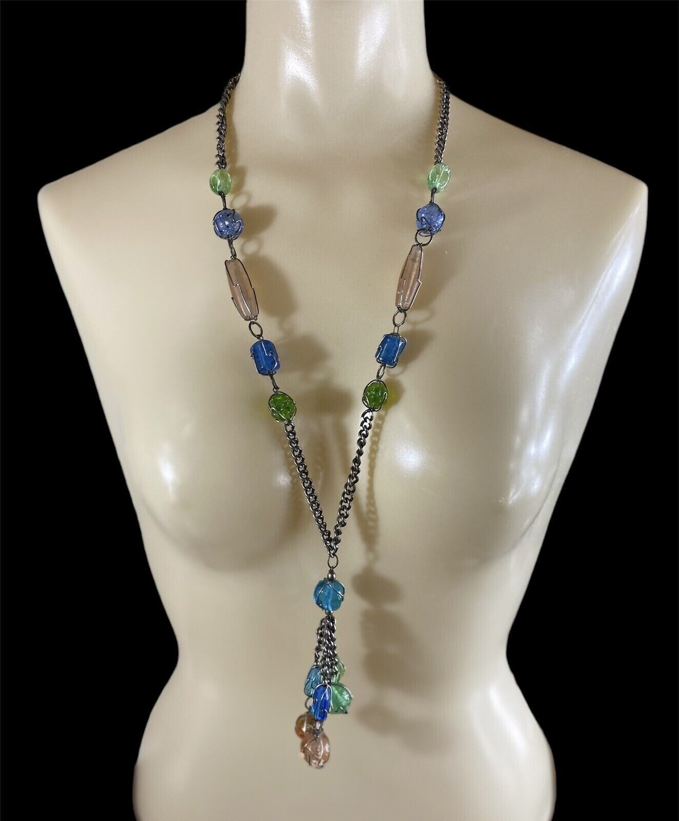 VTG Wire Wrapped Cage Glass Bead Silver Tone Necklace Pastels Pink Green Blue