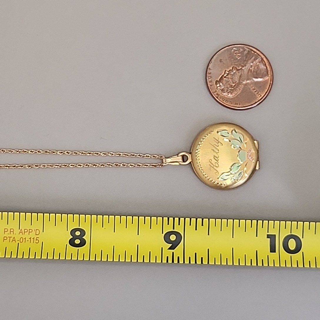 Vintage Locket Necklace Etched Kathy Gold Filled Enamel Accents 18″