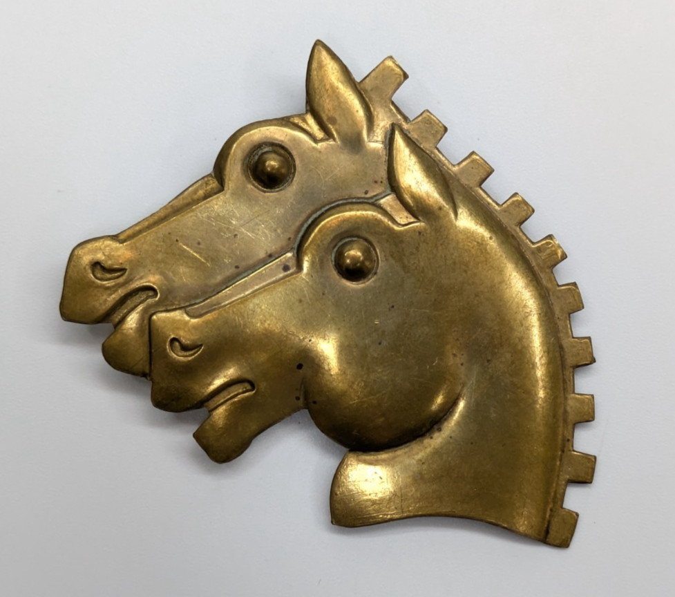 Vintage Chunky Brass Double Horse Head Brooch Pin 2.5″ Equestrian Artisan