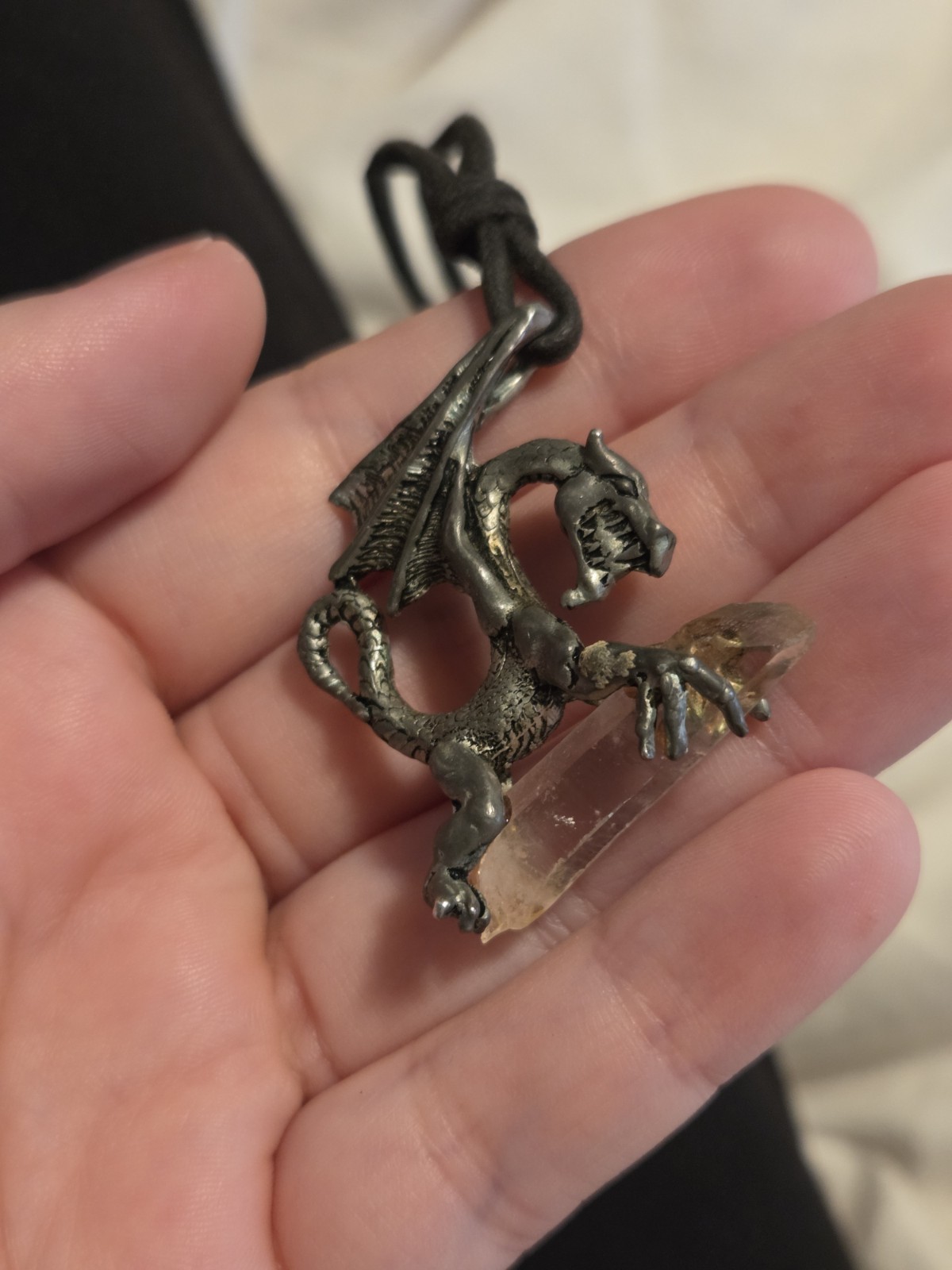 Vintage Pewter Dragon Holding Crystal Pendant Handmade
