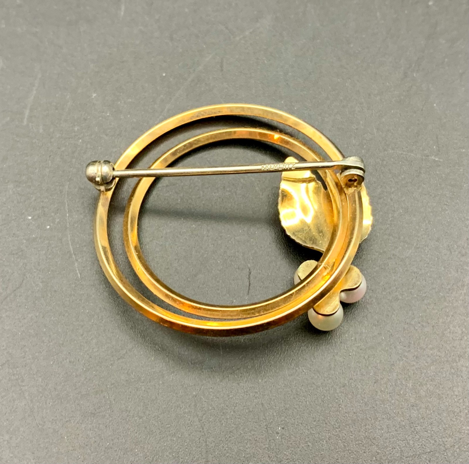 Krementz Brooch Gold Overlay Pearl & Leaf Double Circle MCM
