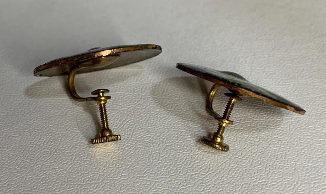 Vtg Estate MCM Earrings Enamel on Copper Screw On Round Discs Earthtones