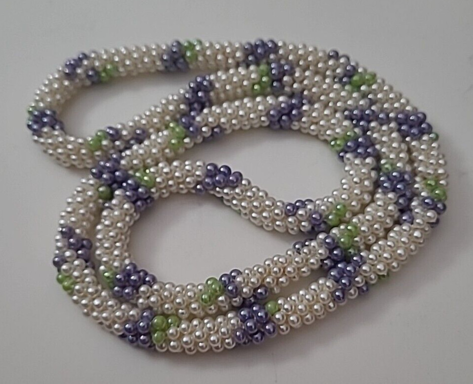 VTG Long White Purple Green Seed Beaded Rope Necklace Unsigned 1960’s 1970’s