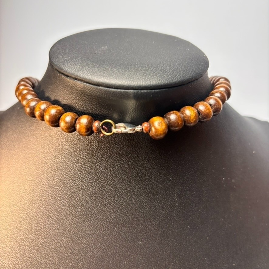 Chunky Vintage Necklace Wood Beads Boho Chunky Blue Resin Pendant