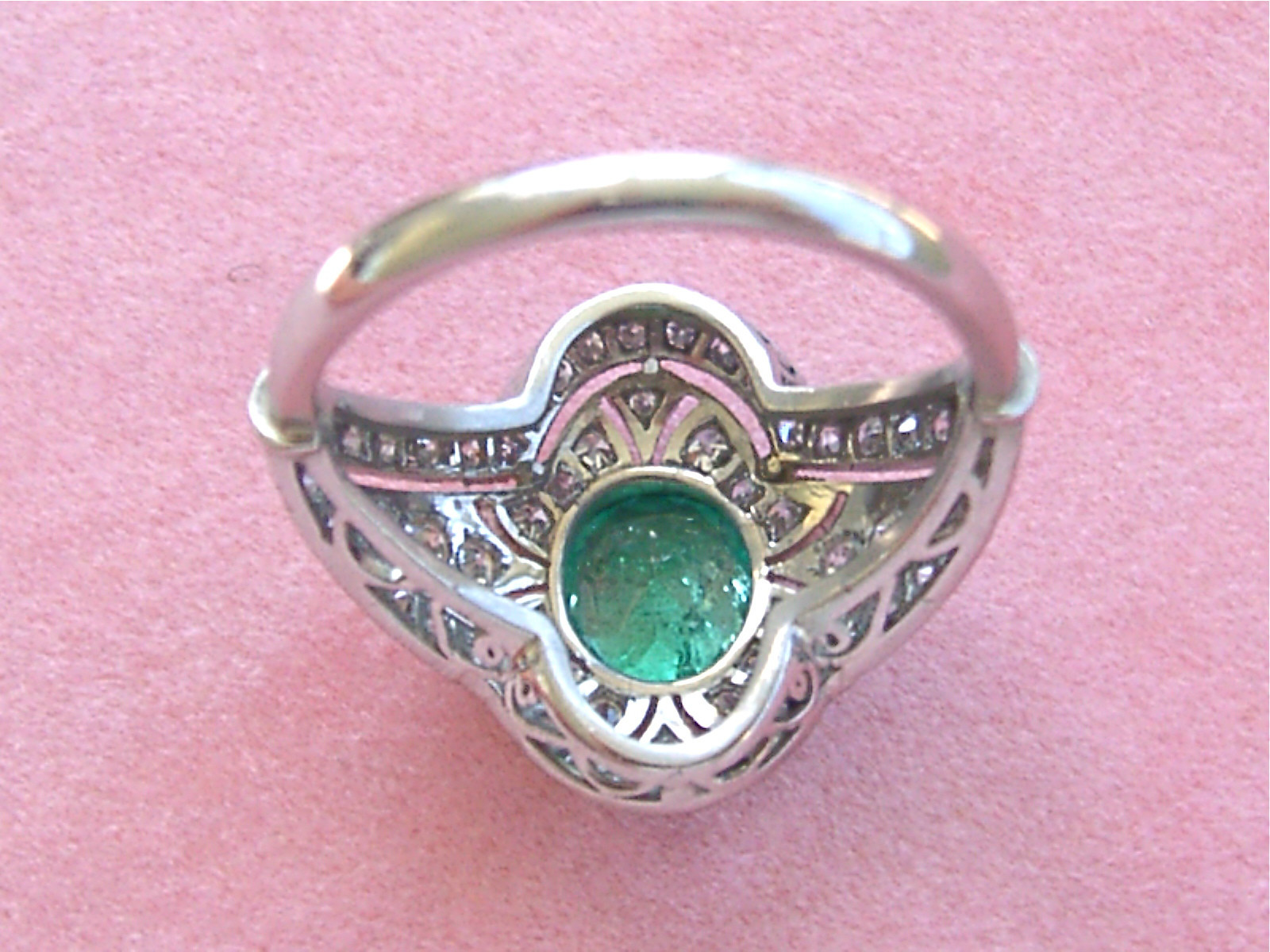 ART DECO .80 ct OVAL EMERALD 1.20 ctw DIAMOND PLATINUM RIGHT-HAND COCKTAIL RING