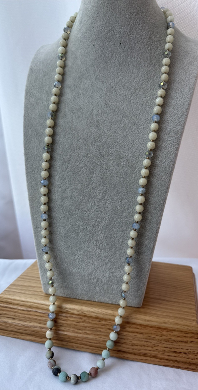 VTG Faceted Mixed Glass & Crystals Aventurine Jasper Quartz Stone long Necklace
