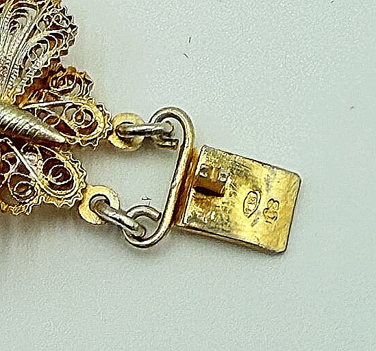 Antique 800 Silver Gold Wash Butterfly Filigree Link Bracelet & Clip On Earrings