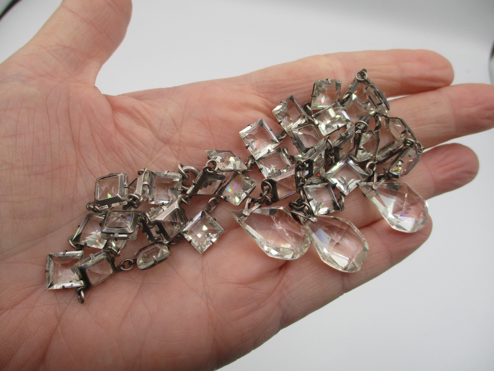 ANTIQUE STERLING SILVER ROCK CRYSTAL NECKLACE ~ ART DECO with 3 STRAND DROP