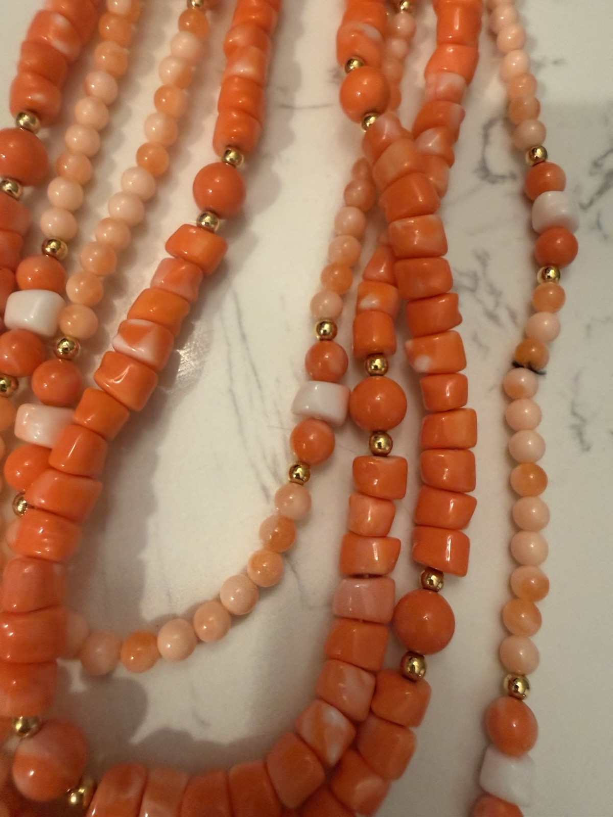 Vintage Orange Coral Avon double Layered Beaded Collar Gold shell Necklace