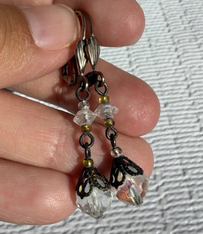 Vintage Aurora Borealis Crystal Bead Drop Earrings Leverback Faceted Dangle Pair