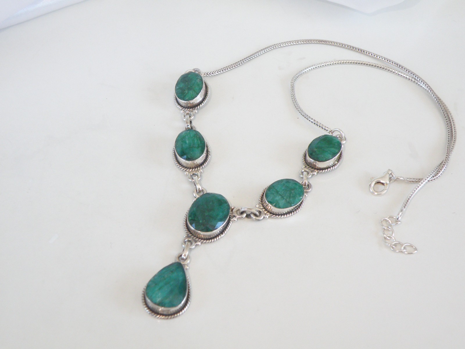 Vintage Sterling Silver 925 Large Natural Raw Emerald Statement Necklace 19″