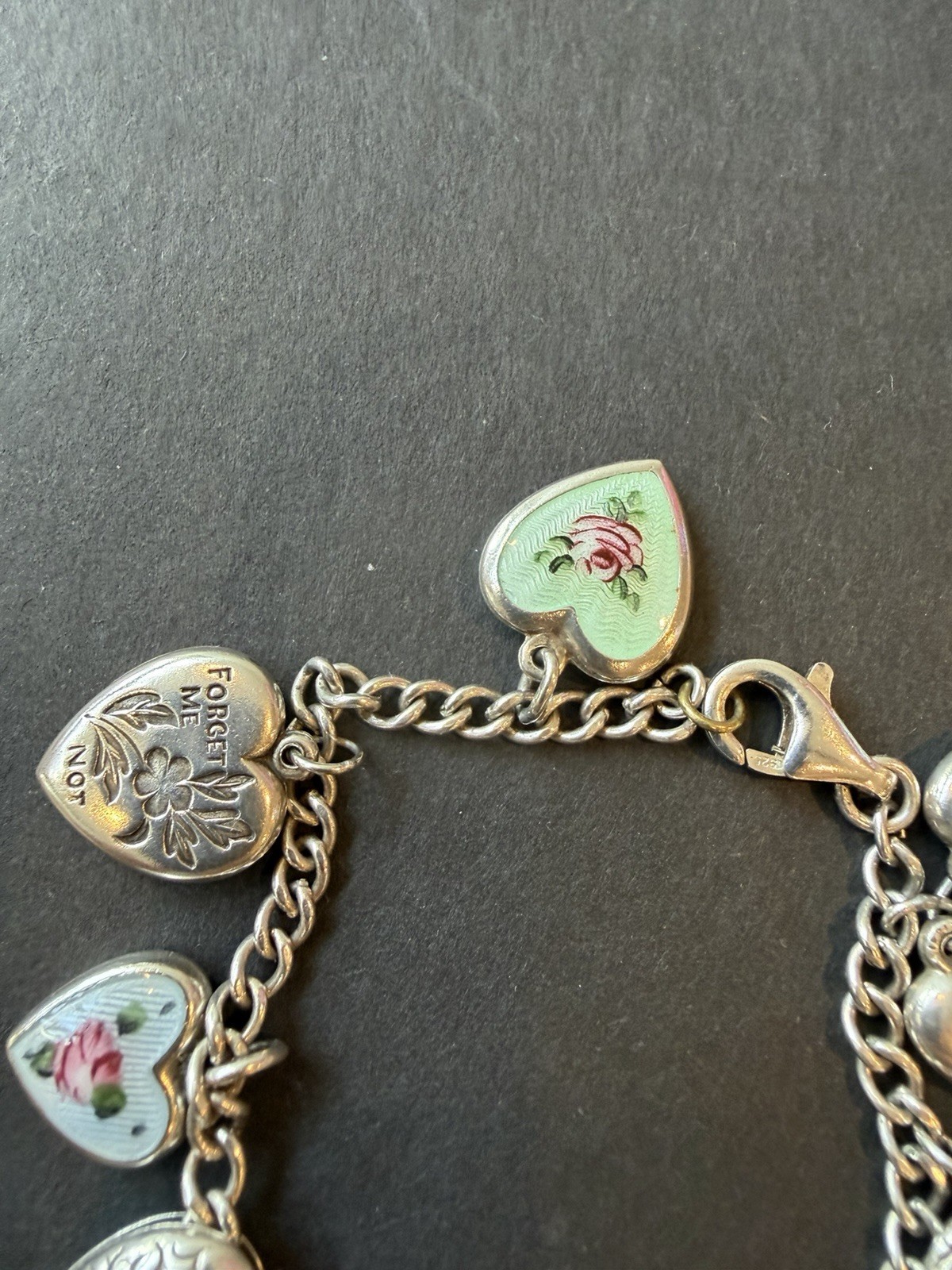 Antique Victorian Sterling Charm Bracelet W/ Puffy Hearts Cloisonné