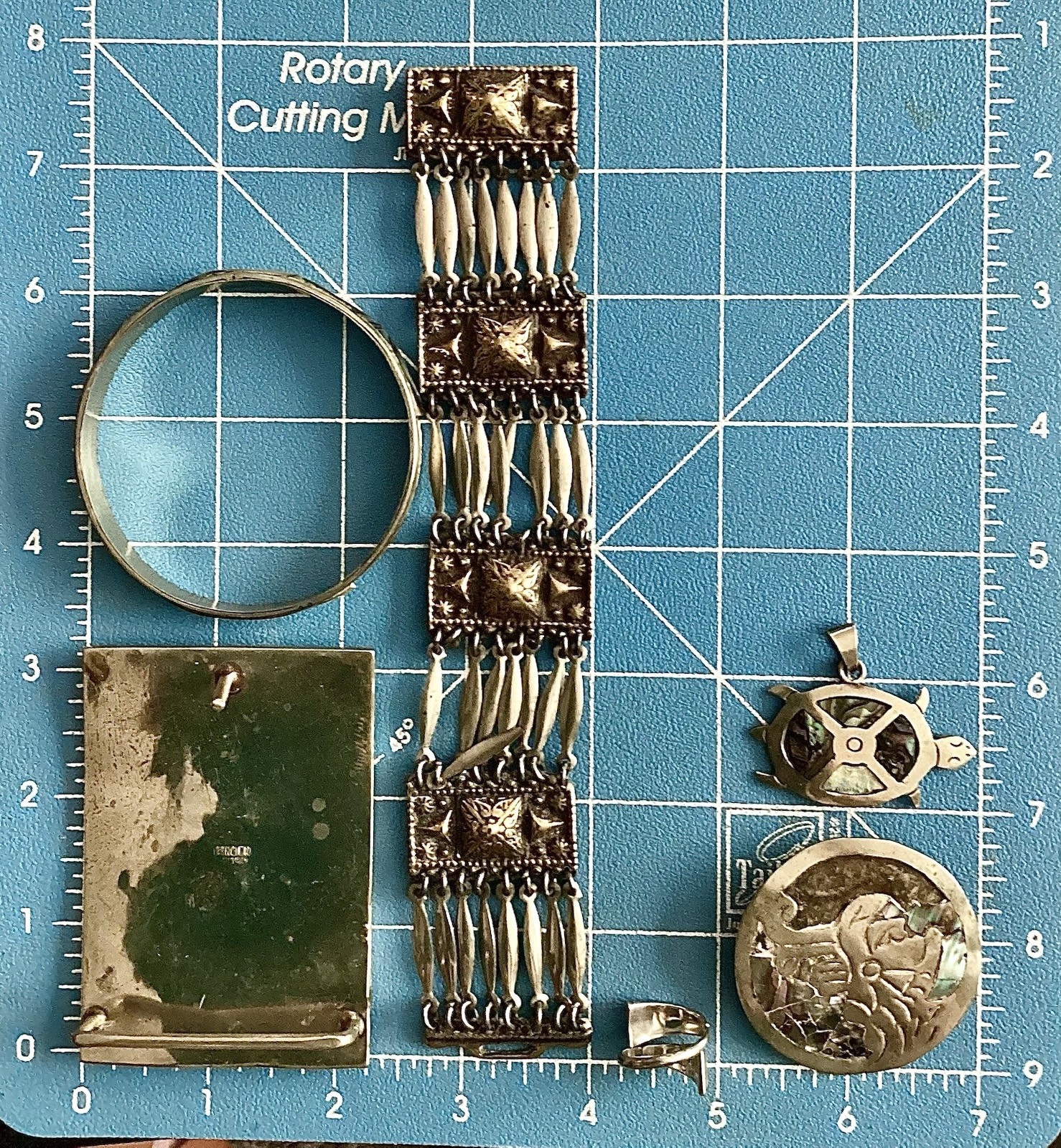 VTG Signed Alpaca~MEXICO~Brass, Silver Tone, Abalone Jewelry Lot~REPAIR or PARTS