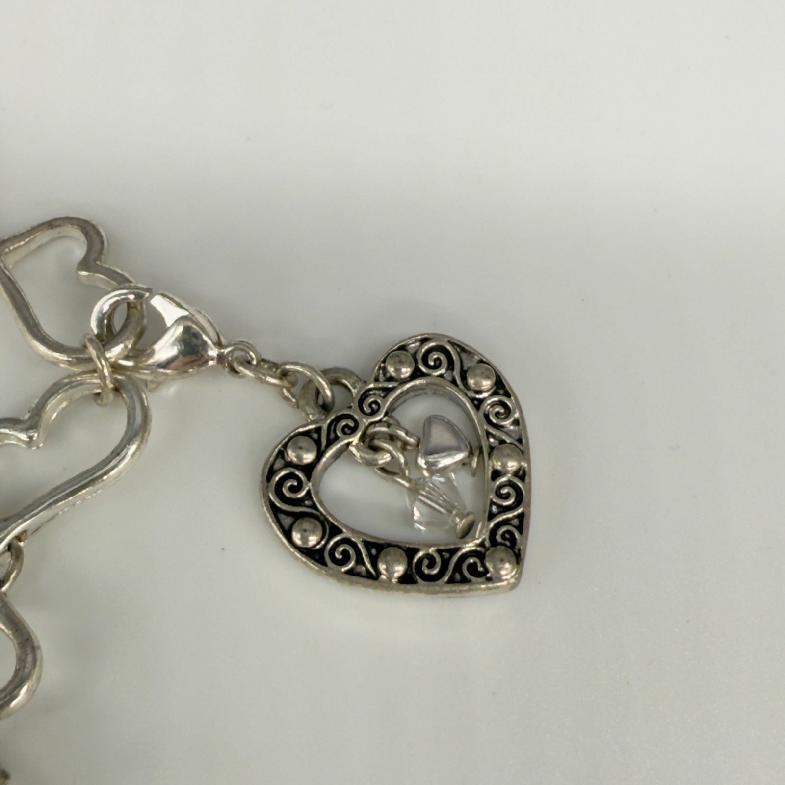 Heart Charm Bracelet Silver Tone Links Crystal Charms Enamel Size 6
