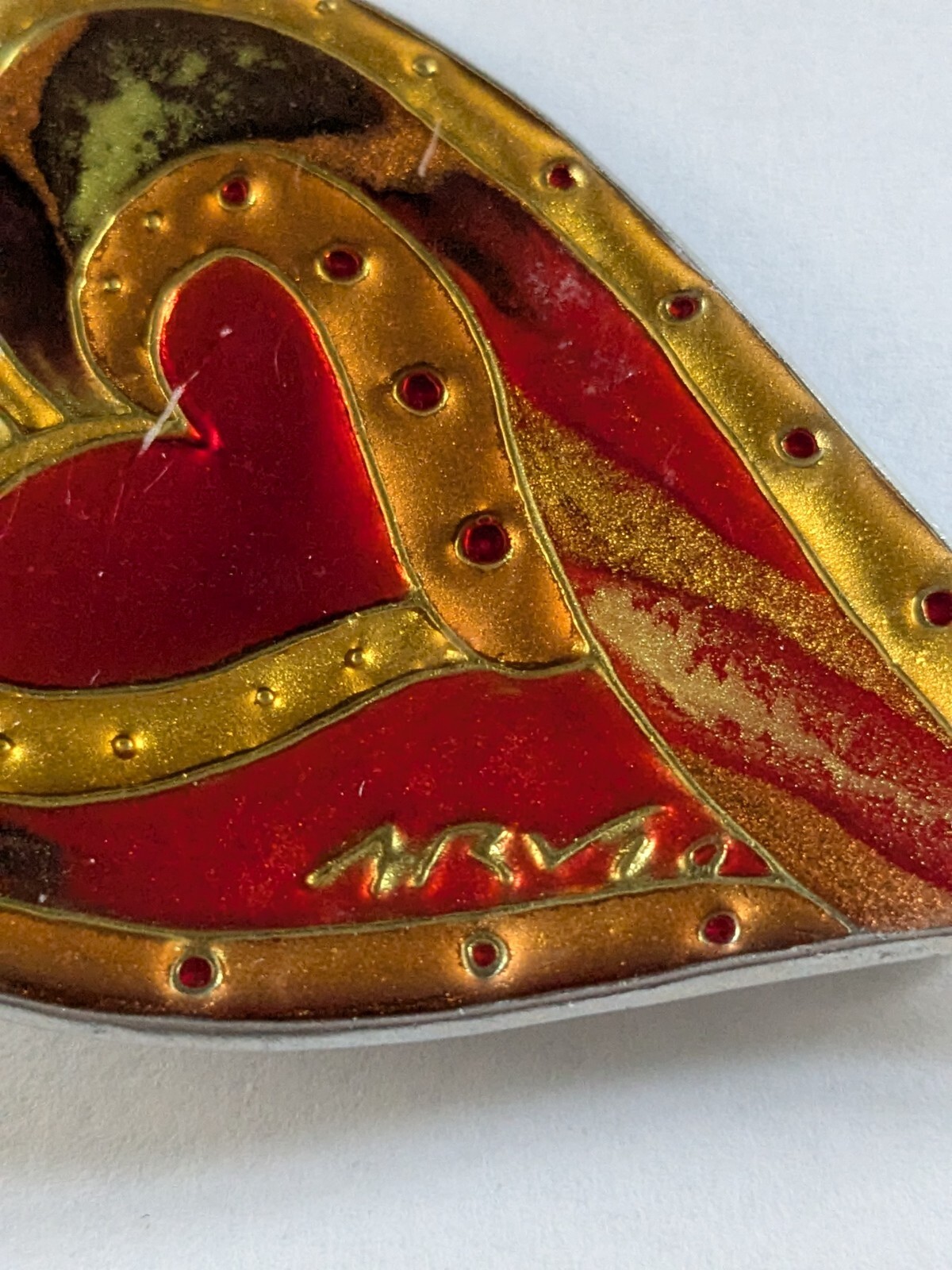 Rare Rachel Arvio Large Resin On Metal Heart Art Brooch Pin