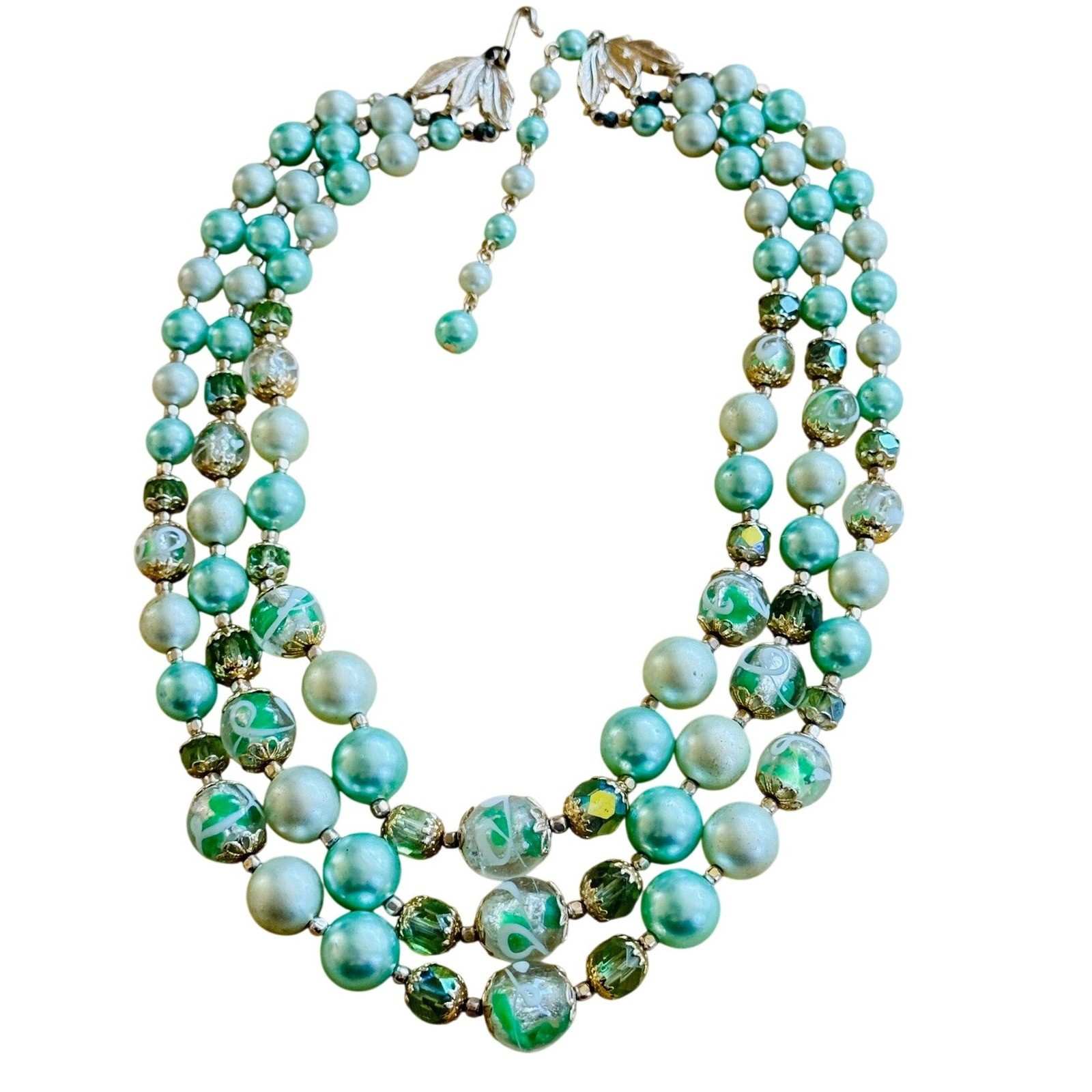Japan Necklace VTG Pearl Green Glass AB crystal Multi Beads triple strand 18″