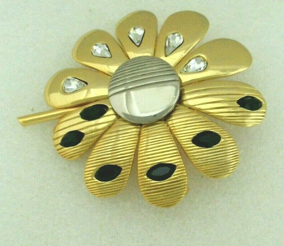 KN. “Orena” Paris Gold Tone Flower Brooch with Clear & Black Crystal signed
