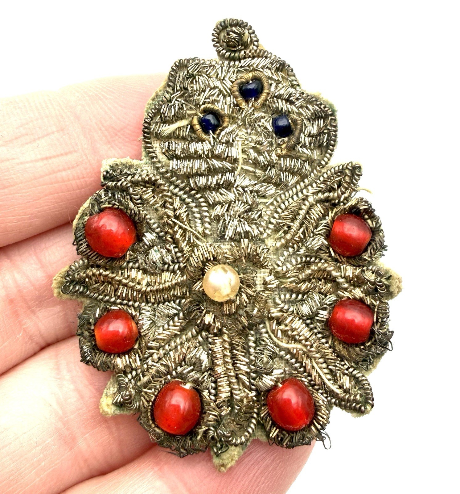 Vintage / Antique Zari Queen Brooch Pin Wire Fabric Glass Beads
