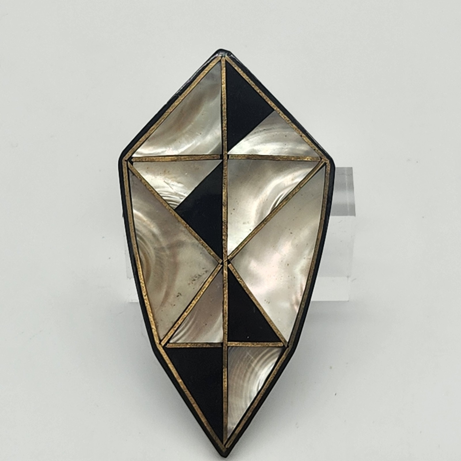 Vintage Faux Mother Of Pearl Faux Onyx Diamond Shaped Large Brooch