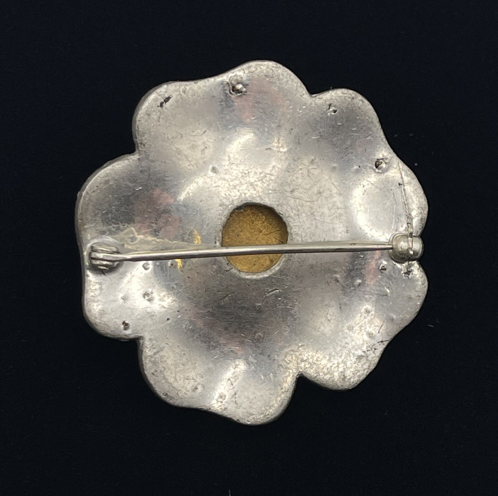 Vintage Pewter w Clear Rhinestones Flower Shaped Brooch Pin