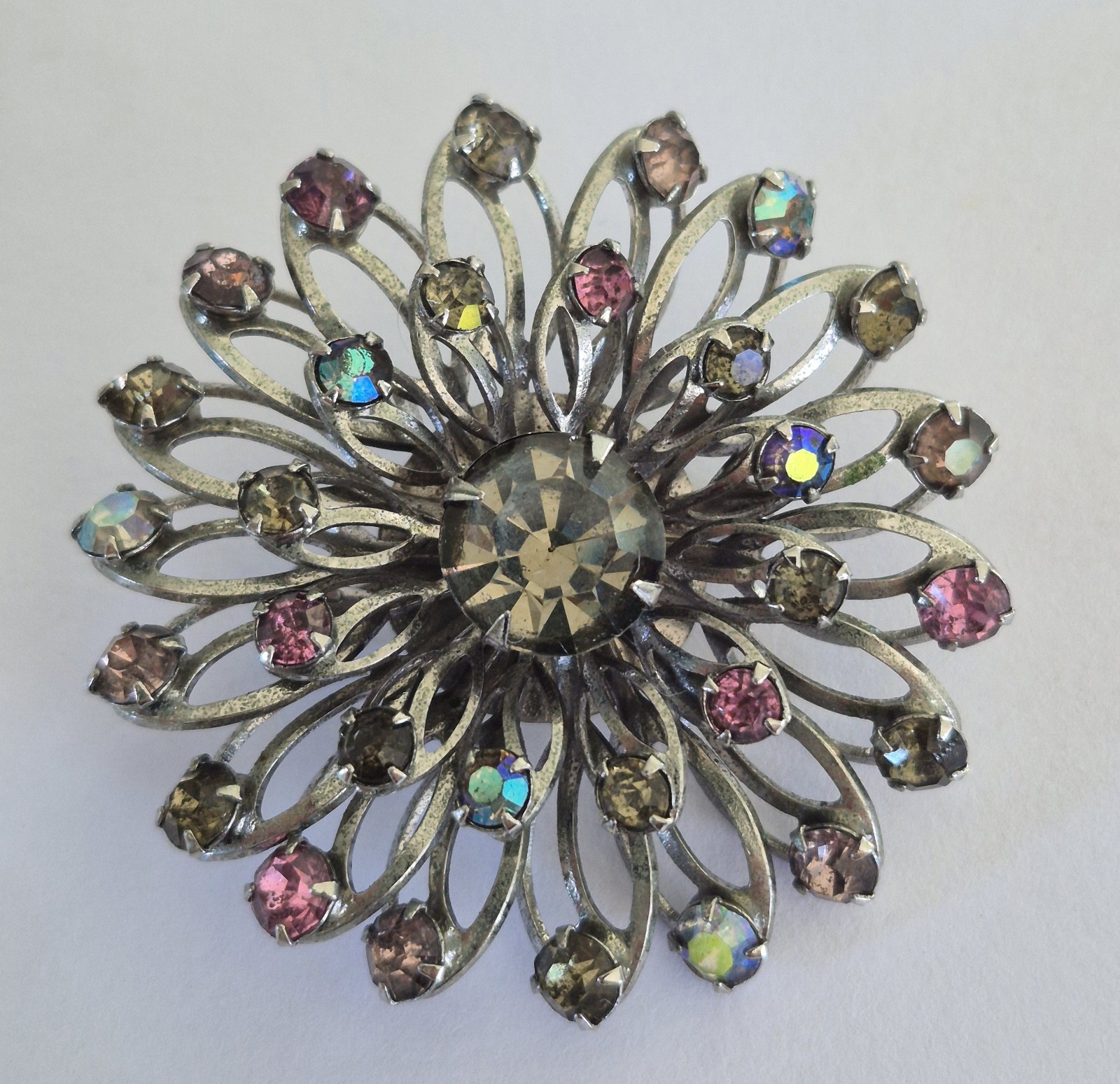 Vintage Pin Brooch Flower Design Silver tone Crystals in Pinks, Purples, Browns