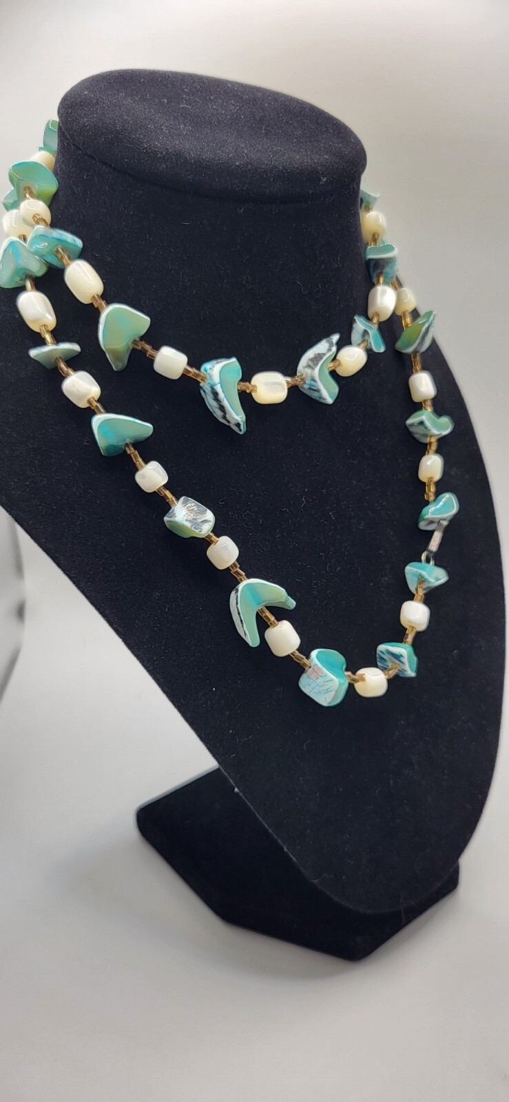 Mother Of Pearl Artisan Green Blue Shell White Vintage Necklace Hook Clasp Long