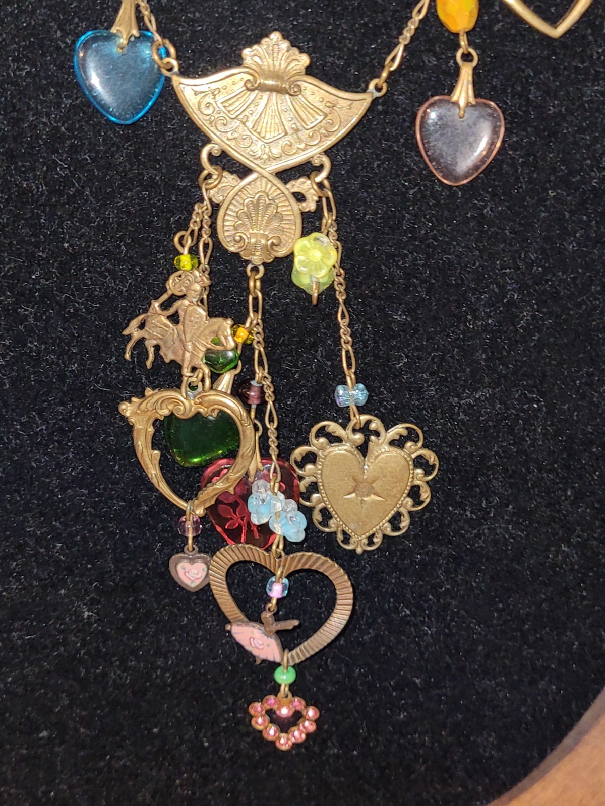 Vintage Glass Works Studio Glass Hearts Charm Chatelain Style Pendant Necklace