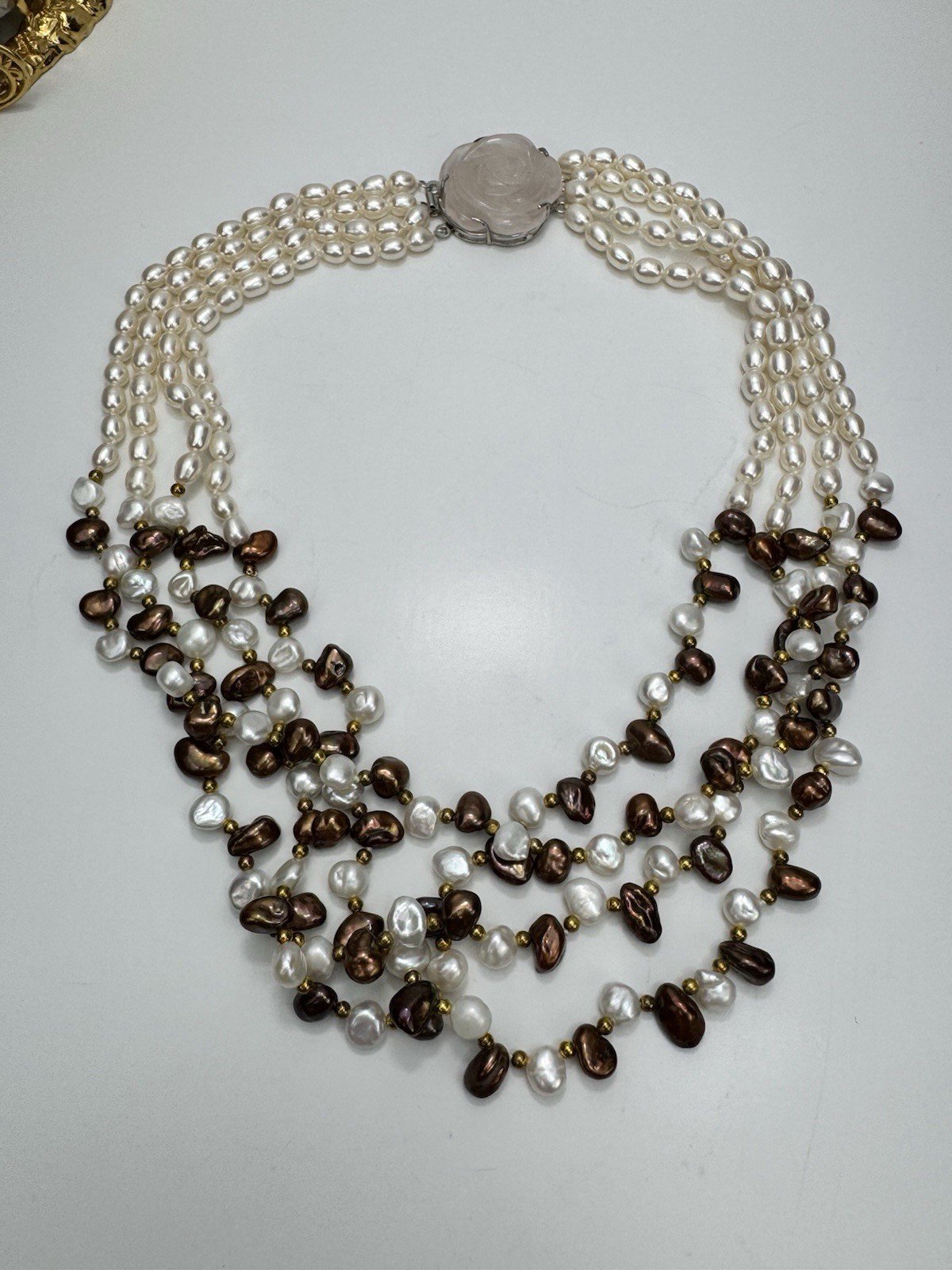 Stunning Freshwater Pearl Necklace White & Chocolate Baroque Rose Quartz Clasp