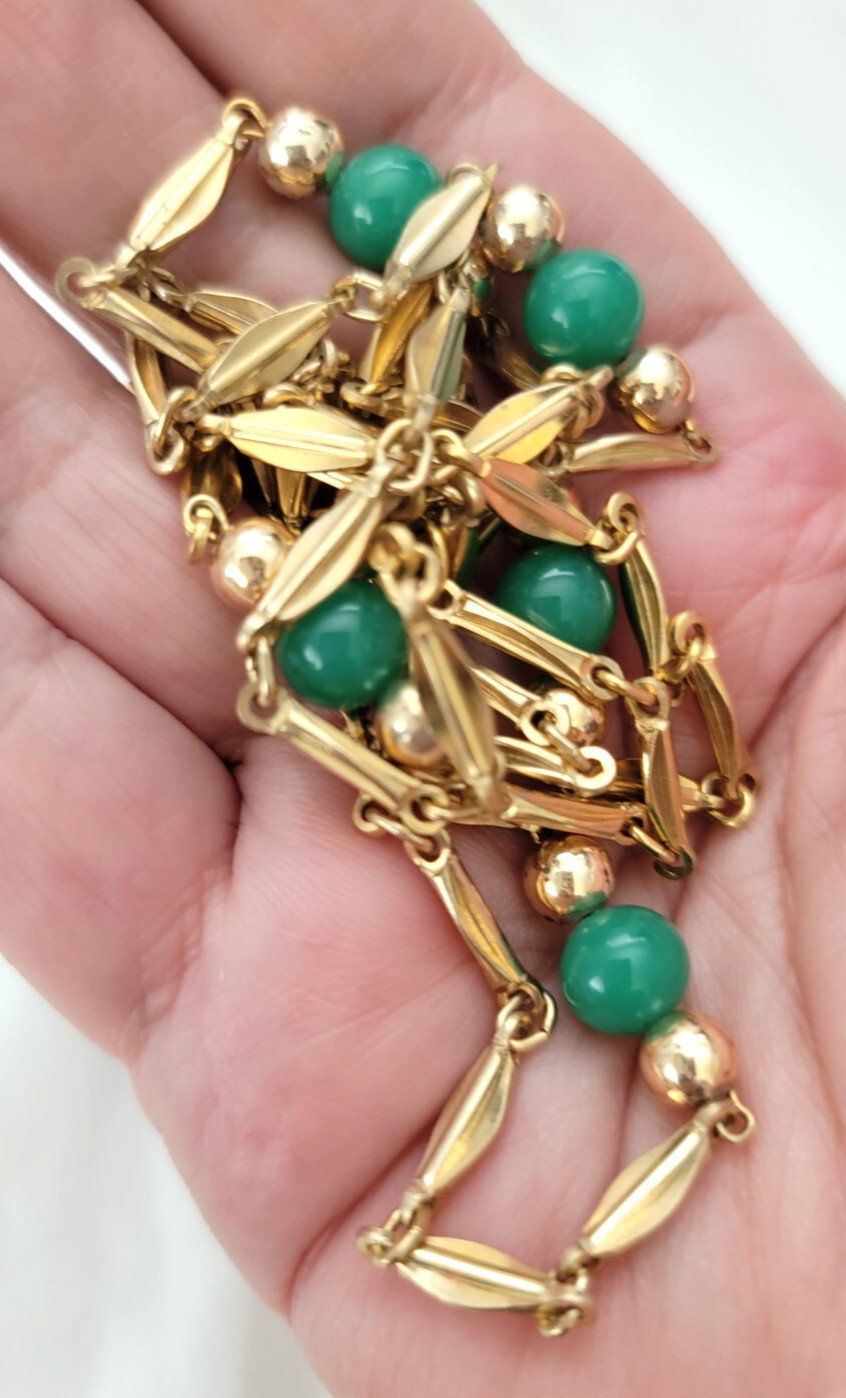 Vintage Green Peking Glass Beads Station Gold Tone Bar Link Chain Necklace 32″ L