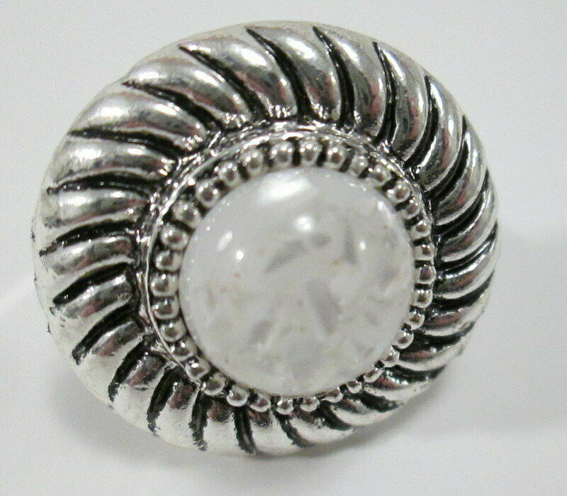 Adjustable Cocktail Ring Silver Tone with White Round Cabochon Estate Find